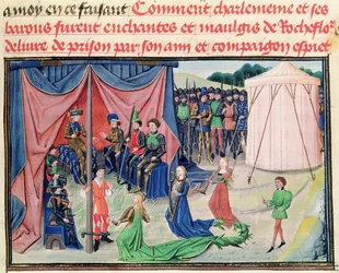 Ms 5072 f.233v Karel de Grote en zijn baronnen worden betoverd, uit de Renaud de Montauban cyclus